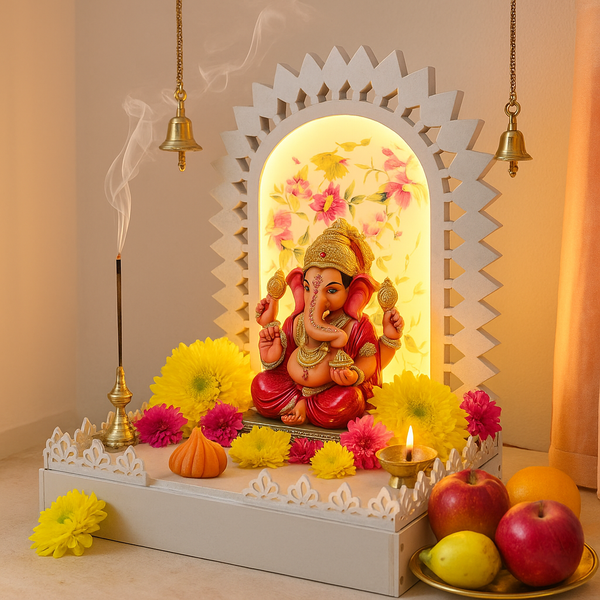 Heartily Utsah Ganpati & Durga Mandap for Home | Ganesh Chaturthi Decoration Tabletop Makhar with LED | DIY & Reusable | 2ft Royal White