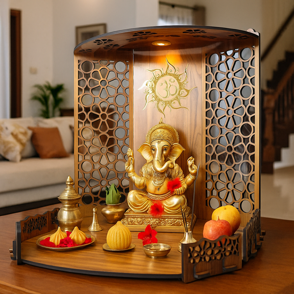 Heartily® Bappa Beautiful Wooden Wooden Pooja Mandir for Home or Puja Temple Stand for Office and Shops with Led spot Light for Table top only