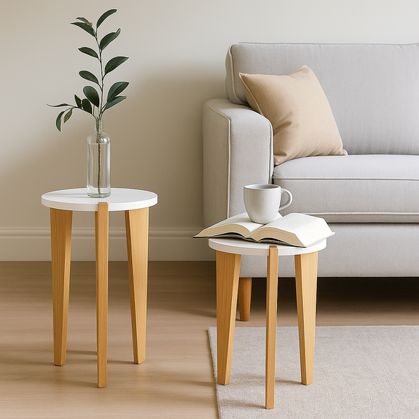 Heartily Beautiful Wooden Stool – Set of 2 | 14 Inch Height | Multipurpose 3-Leg Stool, End Table, Plant Stand for Home or Office (Height 17.4 + 14 Inch)