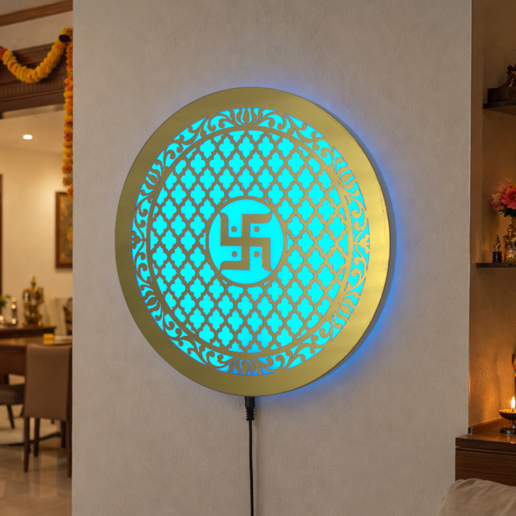 Heartily Swastik Golden Mirror Acrylic Wall Art 30cm | 7-Color Auto-Changing Halo Backlit LED | Ready-to-Hang | Home & Pooja Room