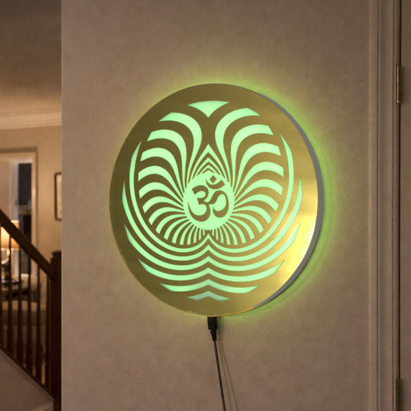Heartily Om Golden Mirror Acrylic Wall Art with 7-Color Auto-Changing Halo Backlit LED | Ready to Hang | 30 cm Decorative Spiritual Wall Décor for Home & Pooja Room