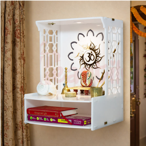 Heartily Acrylic Mangal Pooja Stand for Home & Office, Modern Wall Mounted Temple with LED Spot Light - White