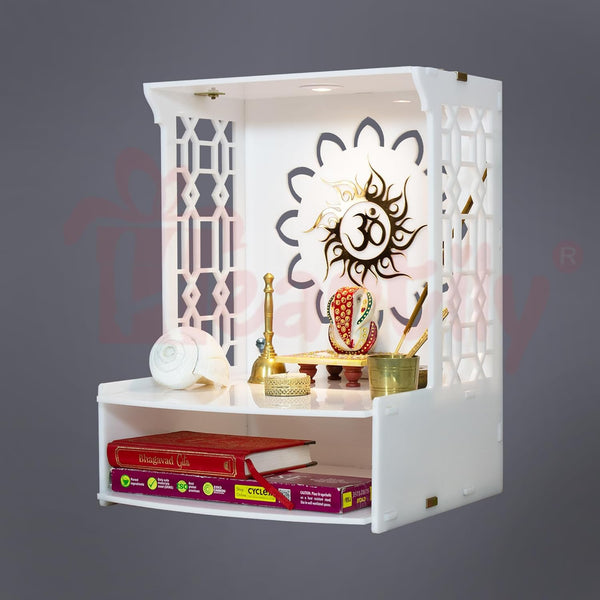 Heartily Acrylic Mangal Pooja Stand for Home & Office, Modern Wall Mounted Temple with LED Spot Light - White