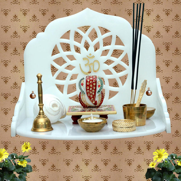 Heartily® Acrylic Mandala Wall Mounted White Cast Acrylic Home Pooja Temple Mandir Puja Room items stand Home Decor Office Chowki Shelf Hanging