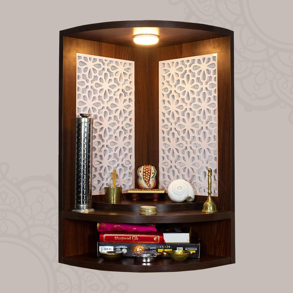 Heartily Ananda Beautiful Wooden Corner Pooja Mandir for Home | Wall Mount/Table Top Temple with Down LED Light & Jaali Back Panel | DIY Assembly | 2ft Height (Dark Walnut Finish)
