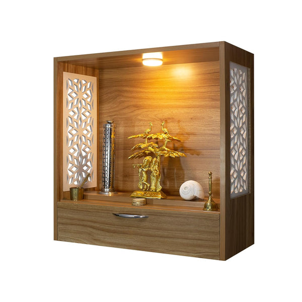 Heartily Unity Wooden Wall-Mounted Pooja Mandir for Home | Teak Finish Temple with LED Light, Jaali Design, Storage Drawer | Holds Idols or Photos | DIY Installation