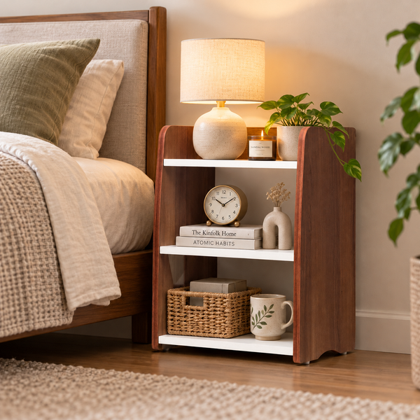 Heartily Arlo bedside table with storage in wood and white finish with three open shelves and curved side panels