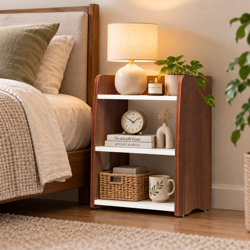 Heartily Arlo bedside table with storage in wood and white finish with three open shelves and curved side panels