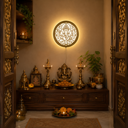 Ganesh Ji LED wall light creating a warm halo effect inside a modern pooja room with golden mirror acrylic finish and devotional ambience.
