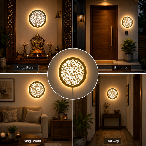 Warm white Ganesh Ji LED wall light in a children's study room creating a peaceful learning environment with elegant spiritual wall decor.