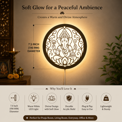 Ganesh Ji LED wall light measuring 7.5 inch diameter with modern circular design and warm white backlit halo effect.