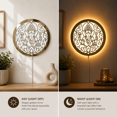 Ganesh Ji golden mirror acrylic wall art during daytime compared with warm white LED halo effect at night showing decorative and illuminated wall decor.