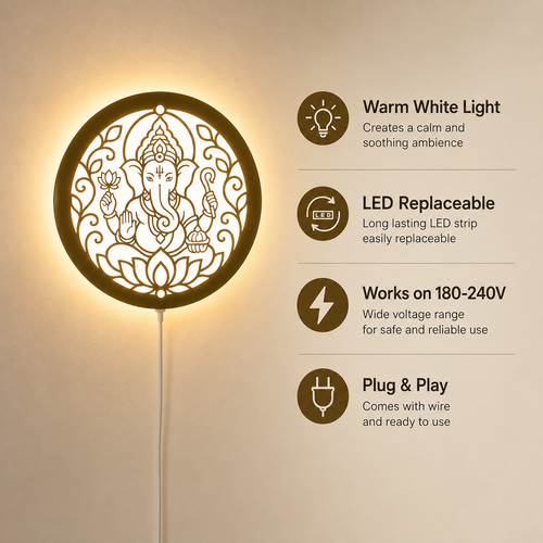 Ganesh Ji LED wall lamp showing warm white light, replaceable LED, plug and play installation and 180-240V compatibility for home and office wall decoration.