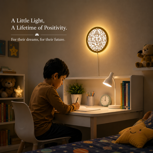 Ganesh Ji LED wall lamp showing warm white light, replaceable LED, plug and play installation and 180-240V compatibility for home and office wall decoration.