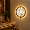 Heartily Ganpati Ji LED wall light with golden mirror acrylic finish, warm white halo lighting, modern spiritual wall decor for home entrance, pooja room and living room