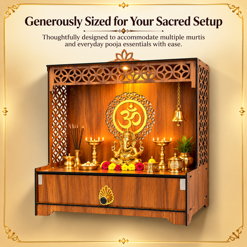 Spacious Varenya wooden mandir with room for multiple murtis, diya, incense and everyday pooja accessories