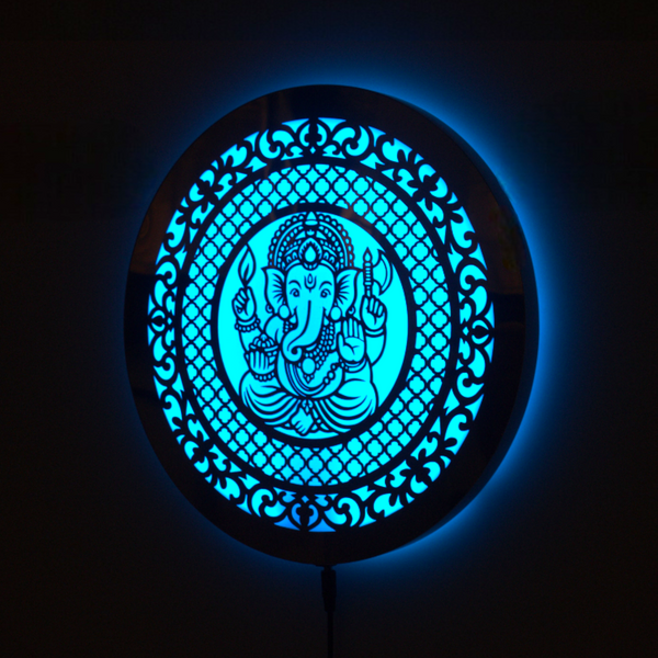 Heartily Ganesh Golden Mirror Acrylic Wall Art with 7-Color Auto-Changing Halo Backlit LED | Ready to Hang | 30 cm Decorative Spiritual Wall Décor for Home & Pooja Room