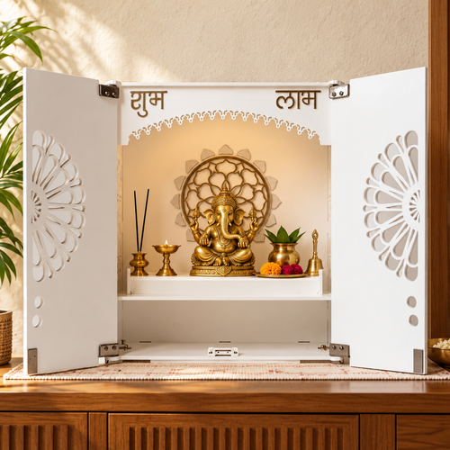 Heartily white acrylic home temple with floral-cut doors, golden Ganpati idol and brass pooja accessories on a wooden console.