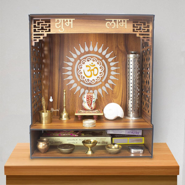 Heartily® PAVITR Beautiful Wooden Pooja Mandir for Home Temple for Home and Office Pooja Stand Modern Puja Mandir for Home Wall with LED Spot Light