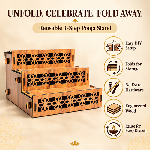 Reusable Vedika three-step DIY pooja stand with tool-free wooden key assembly and compact storage design