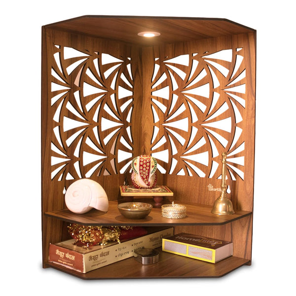 Heartily® Pushp Beautiful Corner Wooden Pooja Stand Mandir for Home Temple for Office Puja Mandir for Home Wall with LED Spot Light