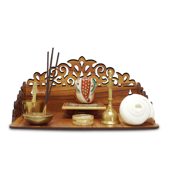 Heartily® Rudra Wall Mounted Wooden Home Pooja Temple Mandir Puja Room Items Stand Home Decor Office Chowki Shelf Hanging