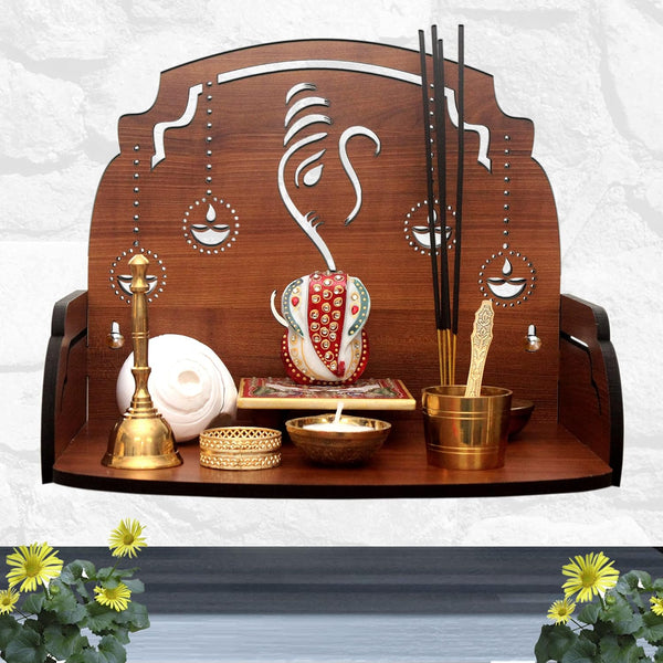 Heartily® Ganesh Diya Beautiful Wooden Pooja Stand Mandir for Home Temple for Office Puja Mandir for Home Wall