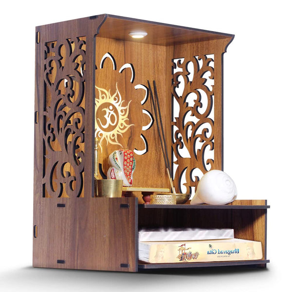 Heartily® Roli Beautiful Wooden Pooja Stand for Home and Office, Wall Mounted with LED Spot Light