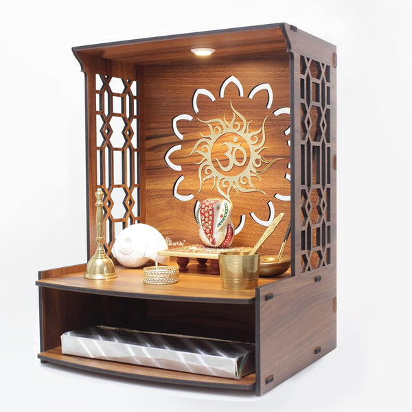 Heartily® Mangal Beautiful Wooden Pooja Stand for Home Pooja Mandir for Home Temple for Home and Office Puja Mandir for Home Wall Mounted with LED Spot Light