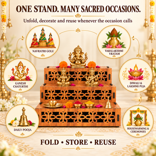 Reusable Vedika three-step DIY pooja stand with tool-free wooden key assembly and compact storage design