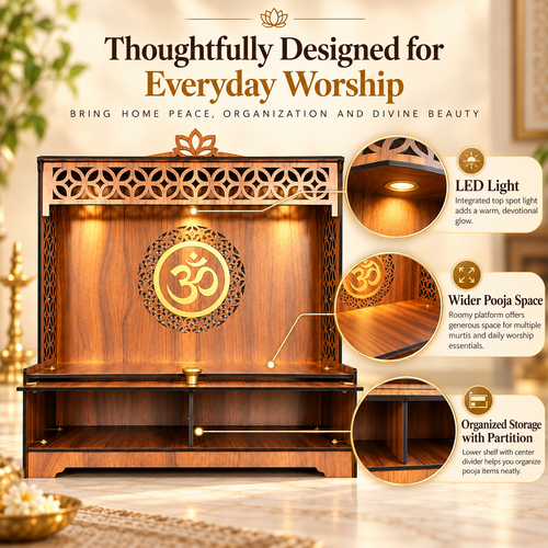 Close view of Varenya home temple decorative laser cut jaali, Om design, wooden finish and precision crafted details