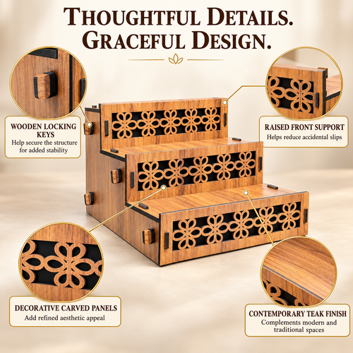 Close-up of Vedika pooja stand showing carved raised front supports, wooden locking keys and teak-finish panels
