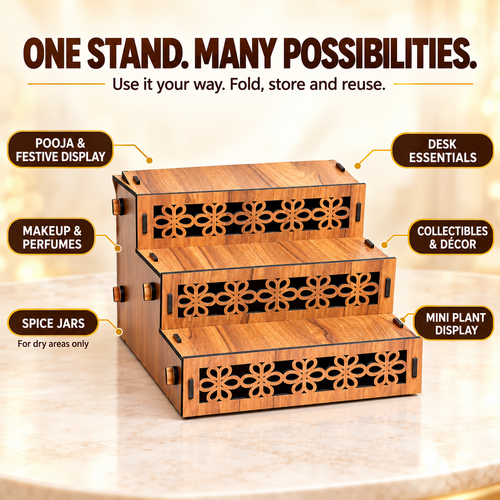 Vedika three-tier wooden display stand for pooja items, collectibles, cosmetics, spices and desk organisation