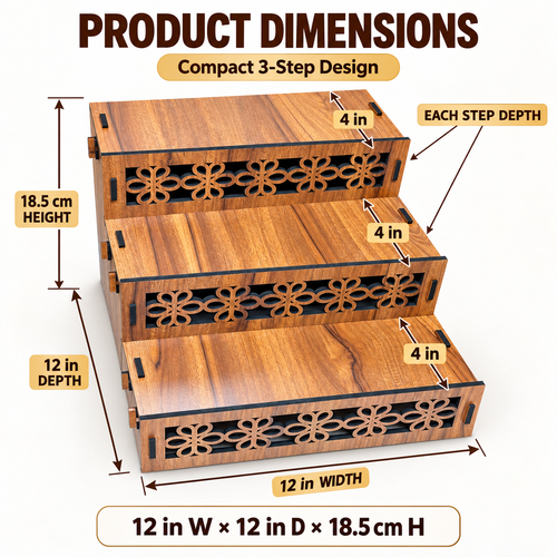 Vedika three-tier wooden stand measuring 12 inches wide, 12 inches deep and 7.25 inches high with 4-inch steps
