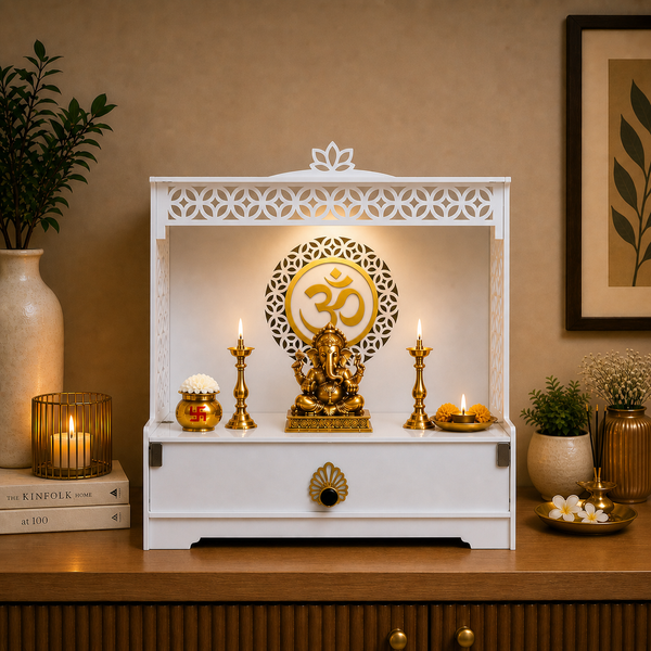 Heartily Varenya Acrylic Home Temple for Pooja Room | White Mandir with Golden Om, Warm LED Light & Storage | DIY Pooja Mandir for Home | 62.8 x 60 x 35.5 cm