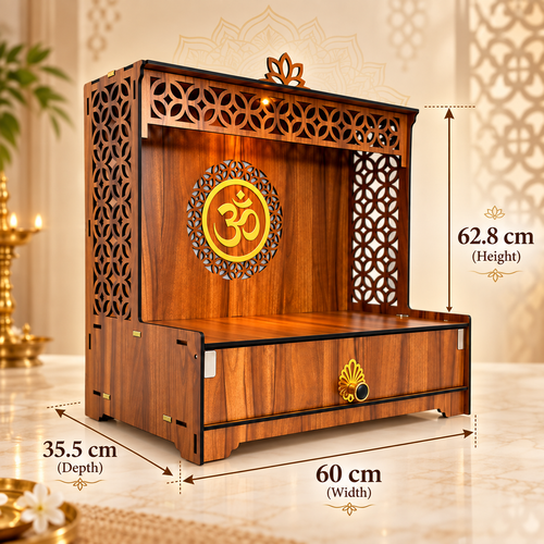 Heartily Varenya home temple dimensions showing 62.8 cm height, 60 cm width and 35.5 cm depth