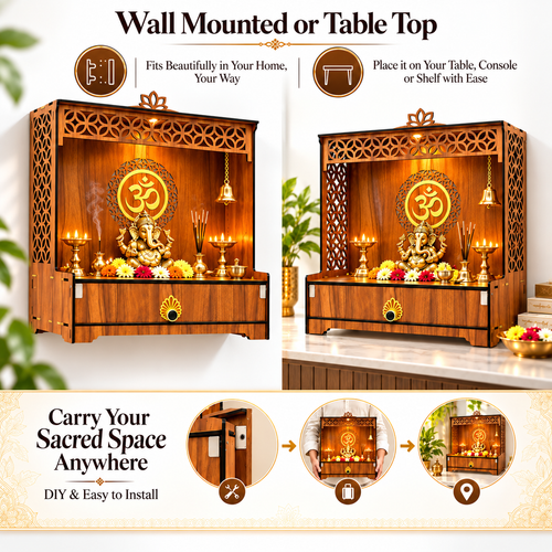 Heartily Varenya mandir shown wall mounted and placed on a tabletop for flexible home temple installation