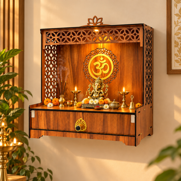 Heartily Varenya wooden home temple with decorative jaali panels, central Om design, warm LED light and storage compartment