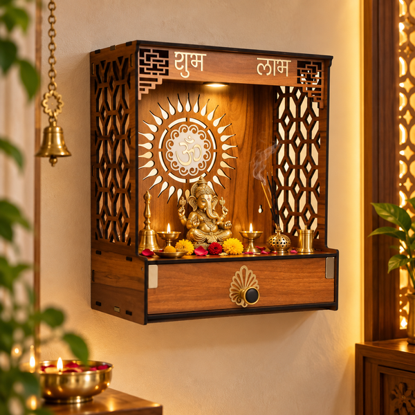 Heartily Pavitr wooden home temple with storage drawer, decorative side jaali panels, Om design and Shubh Labh detailing