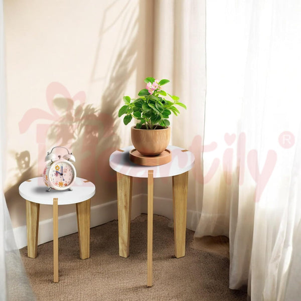 Heartily Beautiful Wooden Stool – Set of 2 | 14 Inch Height | Multipurpose 3-Leg Stool, End Table, Plant Stand for Home or Office (Height 17.4 + 14 Inch)