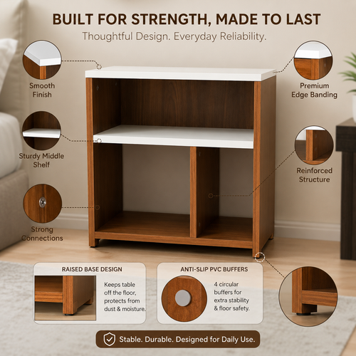 A wooden storage cabinet with a white top and white middle shelf, shown on a light neutral background with callout circles and text highlighting features like a smooth finish, sturdy middle shelf, reinforced structure, raised base design, and anti-slip PVC buffers.