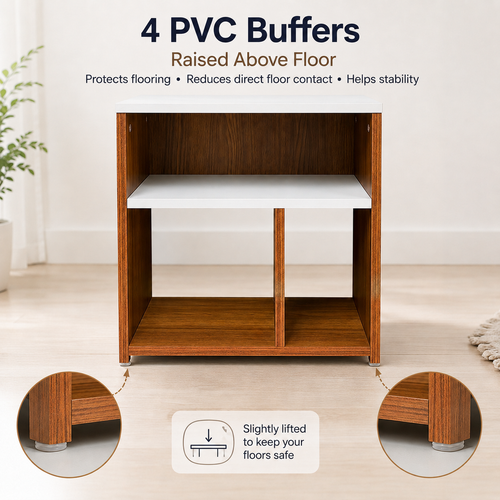 A wooden side table or cabinet with an open top and lower shelf, shown in a styled room setting with text explaining raised PVC buffers. Two circular inset close-ups at the bottom show the metal buffer caps near the outer legs, and a small icon with text explains lifting slightly to protect floors.