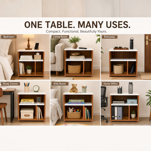 A collage showing a wooden two-tier side table in six different home environments: bedroom, living room, entryway, study corner, kids room, and home office. The table has a warm medium-brown wood finish, white marble-look shelves, and open cubby storage.