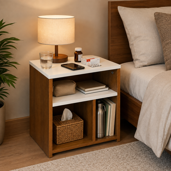 A wooden nightstand with a white top surface, styled in a bedroom next to a bed. The nightstand holds a lit table lamp, a glass of water, a phone, a tissue box, books, and a metal water bottle.