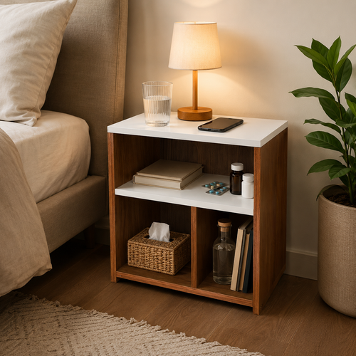 A wooden nightstand with two white shelves, styled in a bedroom next to a bed with a lit table lamp, a glass of water, a smartphone, books, and a tissue box. A potted green plant is visible on the right against a beige wall.