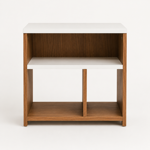 Heartily Nook natural teak and white end table with open shelf storage, divided lower compartments and compact bedside design.