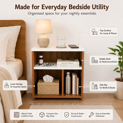 A wooden bedside table shown in a bedroom setting next to a bed, with callout labels pointing out its features: top surface for lamp and phone, middle shelf for medicines and books, lower storage for tissue box/basket, and side bay for bottle and books. Text at the top reads 'Made for Everyday Bedside Utility' and the bottom strip lists natural teak & white finish, compact size, big utility, sturdy & stable construction, and easy to assemble & maintain.