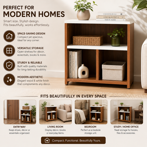 A wooden three-compartment storage cabinet with open and closed shelves, styled with books and vases in a bright interior. The image includes marketing text highlighting its compact, space-saving design, and a row of smaller lifestyle images showing it in entryways, living rooms, bedrooms, and study spaces.