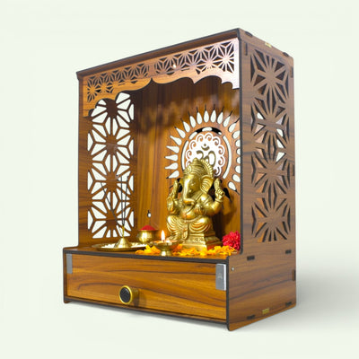 Heartily® Shree Beautiful Wooden Pooja Stand for Home Mandir for Home Temple for Home and Office Puja Mandir for Home and Office Wall with LED Spot Light