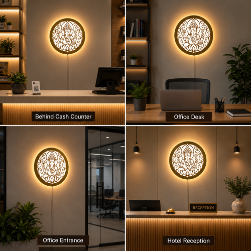 Modern Ganesh Ji LED wall light for office entrance, reception, hotel lobby, business workspace and cash counter wall decoration.